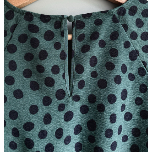 Women's Small Polka Dot Puff Sleeve Dress Green Black Retro Modest Fit & Flare - Picture 7 of 13